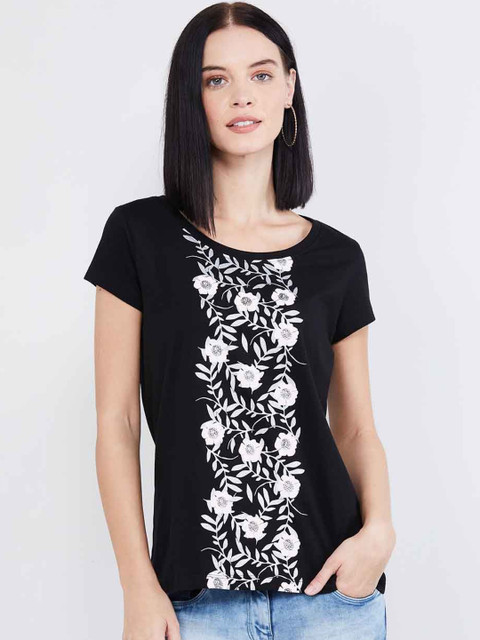

max Women Black & White Floral Print Round Neck T-shirt
