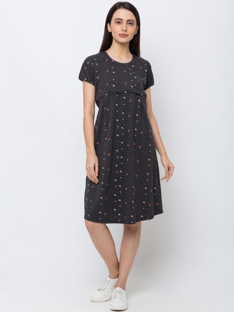 

MomToBe Charcoal Grey Printed Maternity Dress