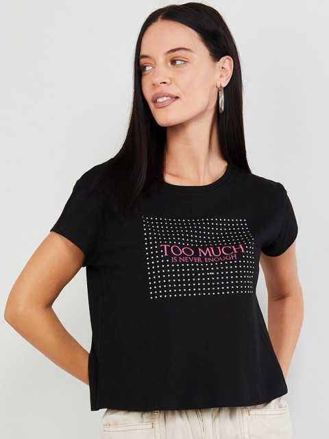 

max Women Black Printed Round Neck T-shirt