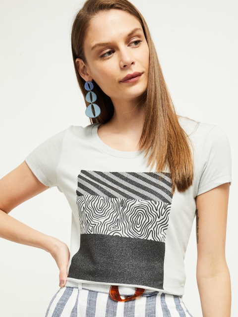 

max Women White Printed Round Neck T-shirt