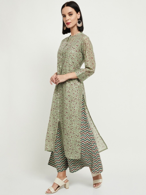 

max Women Green & Red Floral Printed Straight Layered Kurta