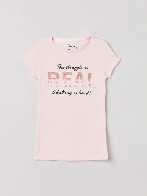 

max Girls Pink Printed Round Neck T-shirt