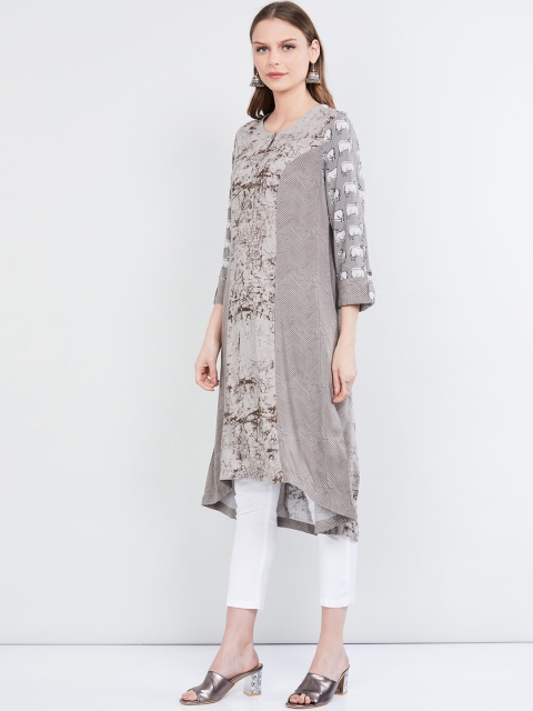 

max Women Grey & Brown Printed A-Line Kurta