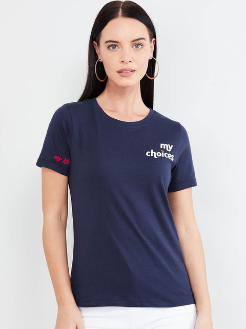 

max Women Navy Blue Solid Round Neck T-shirt