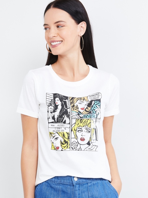 

max Women Off-White Printed Round Neck T-shirt