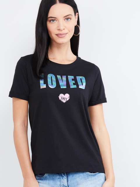 

max Women Black & Blue Printed Round Neck T-shirt