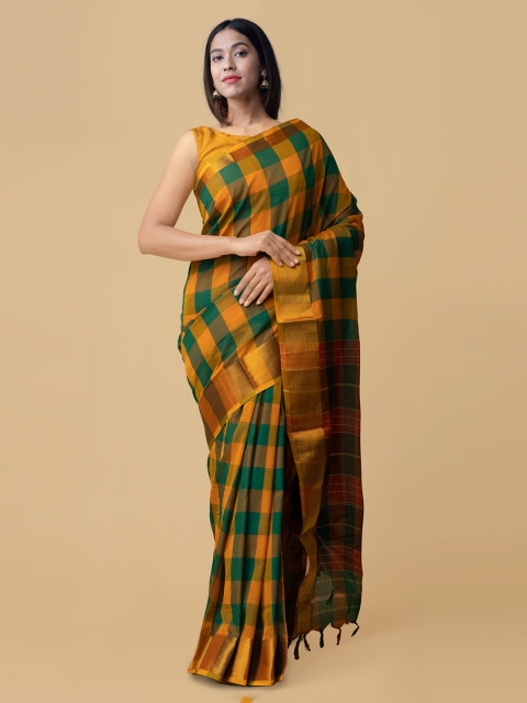 

Unnati Silks Green & Yellow Pure Cotton Checked Handloom Narayan Peth Saree
