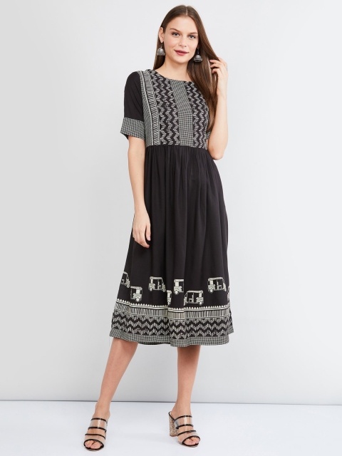 

max Women Black Printed Ethnic Fit and Flare Dress