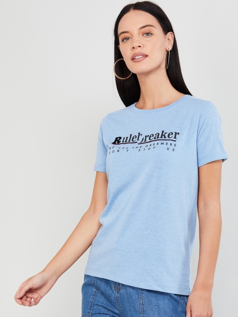 

max Women Blue Printed Round Neck T-shirt