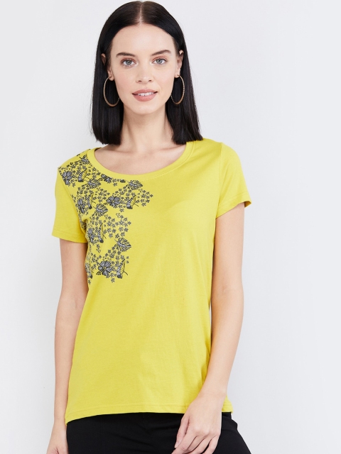 

max Women Yellow & Black Floral Printed T-shirt