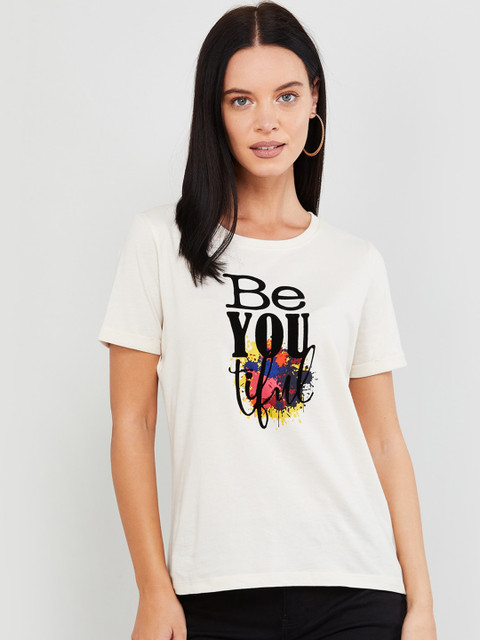 

max Women White & Black Printed Round Neck T-shirt