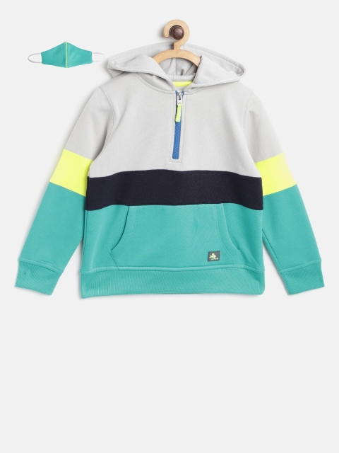 

Cherry Crumble Boys Turquoise Blue & Grey Colourblocked Hooded Sweatshirt
