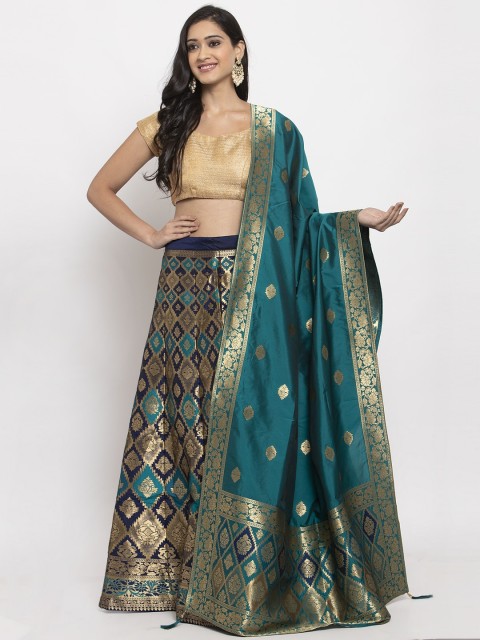 

PACHE Navy Blue & Gold-Toned Woven Design Semi-Stitched Lehenga & Unstitched Blouse with Dupatta