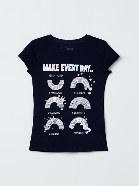 

max Girls Navy Blue Printed Round Neck T-shirt