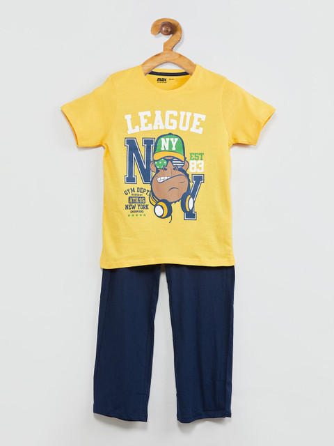 

max Boys Yellow & Navy Blue Printed Night suit