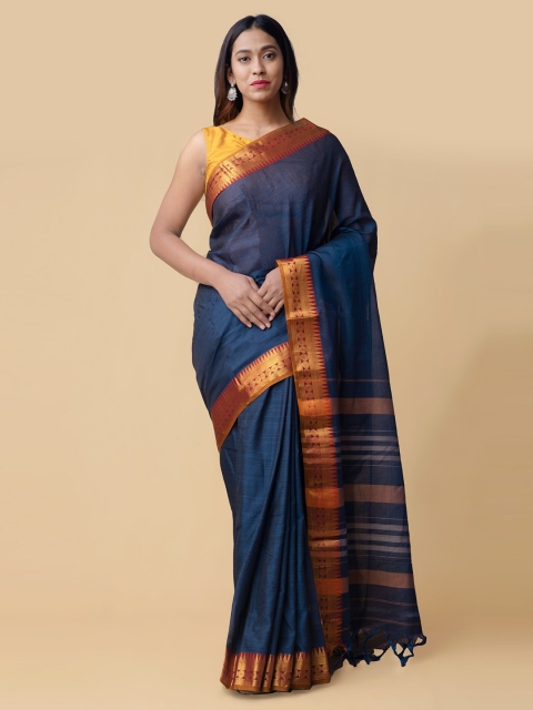 

Unnati Silks Navy Blue & Gold Pure Cotton Solid Narayan Peth Saree