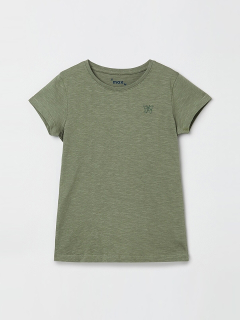 

max Girls Olive Green Solid Round Neck T-shirt