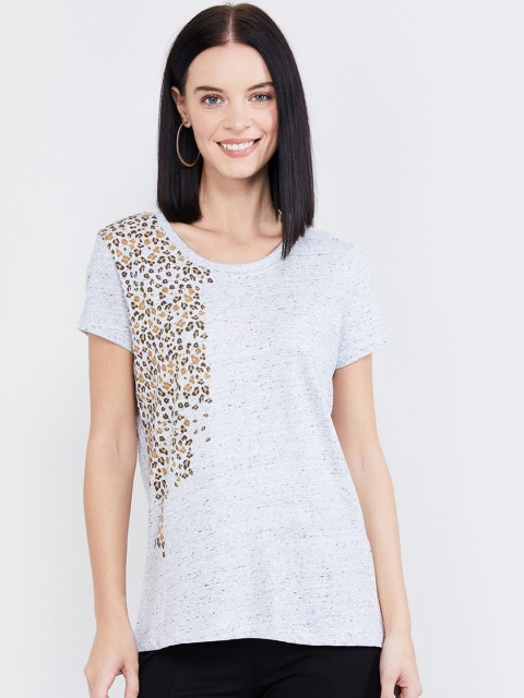 

max Women Grey Printed Round Neck T-shirt
