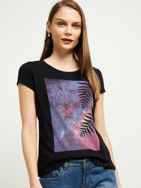 

max Women Black Printed Boat Neck T-shirt