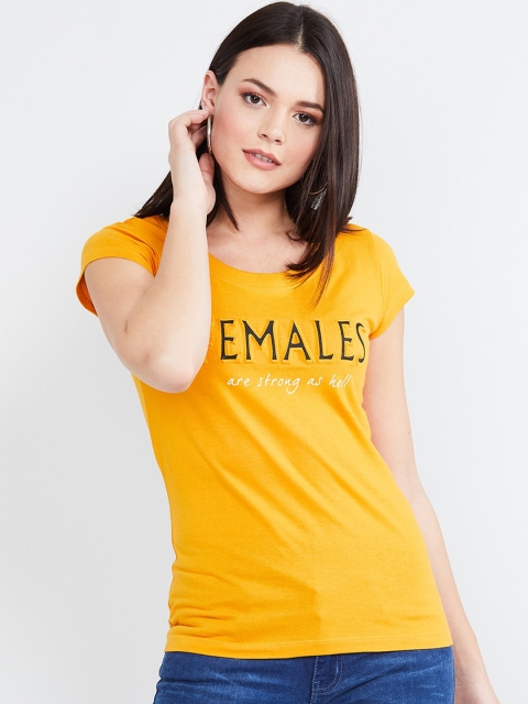 max Women Yellow Printed Round Neck T-shirt