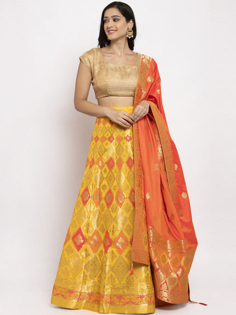 

PACHE Yellow & Peach-Coloured Woven Design Semi-Stitched Lehenga & Unstitched Blouse with Dupatta