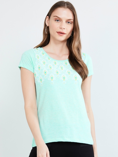 

max Women Sea Green Printed Round Neck T-shirt