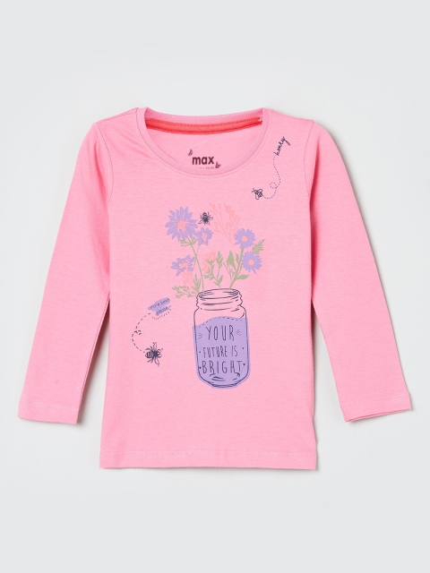 max Girls Pink Printed Round Neck Pure Cotton T-shirt