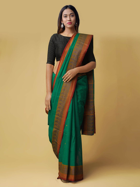

Unnati Silks Green Pure Cotton Woven Design Handloom Kanjeevaram Saree