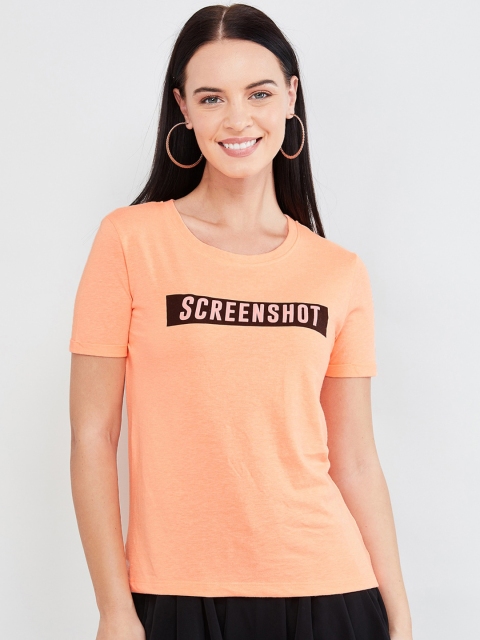 

max Women Orange Printed Round Neck T-shirt