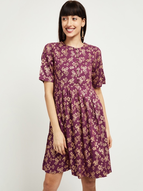 

max Women Burgundy Printed Fit and Flare Dress