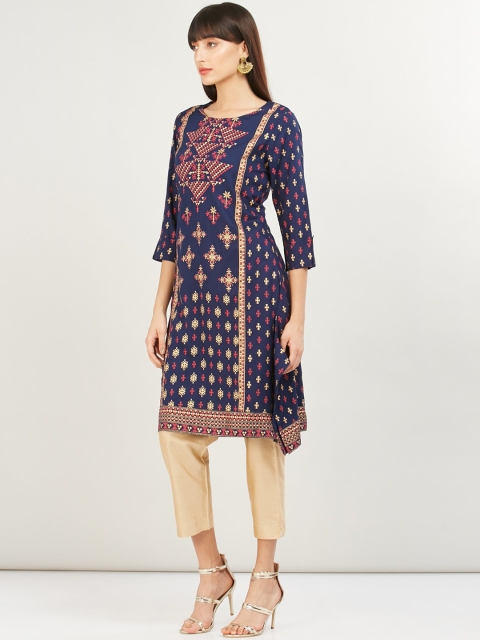 

max Women Navy Blue Printed A-Line Kurta
