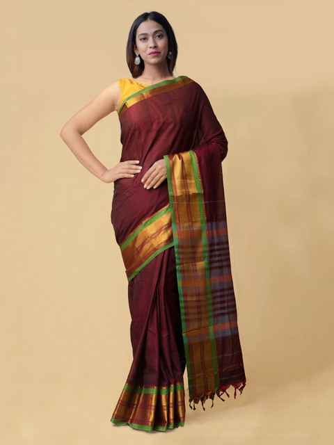

Unnati Silks Maroon Pure Cotton Solid Handloom Narayan Peth Saree