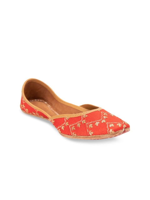 

Jivaana Women Red Embellished Leather Mojaris