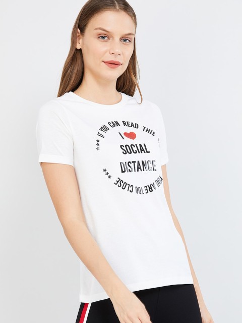 

max Women White Printed Round Neck T-shirt