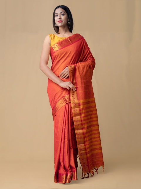 

Unnati Silks Orange Pure Cotton Solid Handloom Narayan Peth Saree