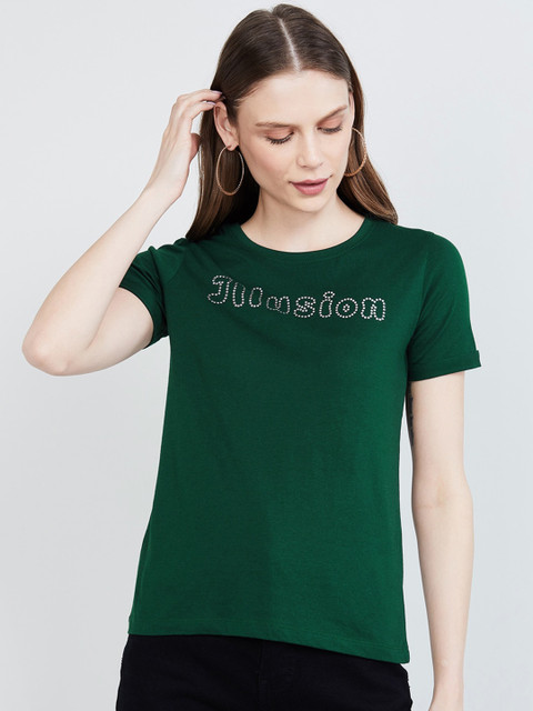 

max Women Green Solid Round Neck T-shirt