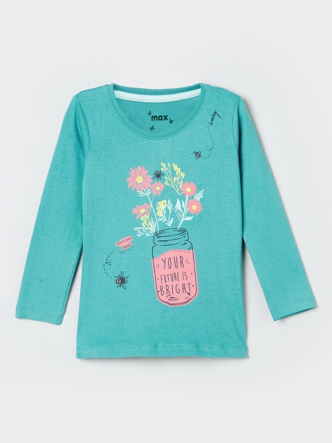 

max Girls Green Printed Round Neck T-shirt