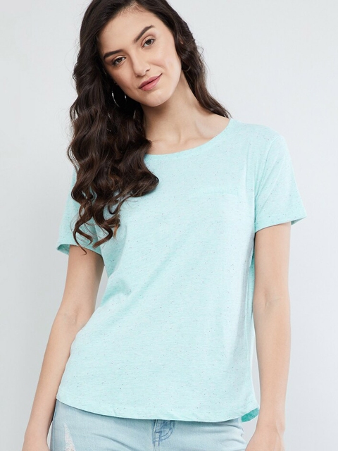 

max Women Blue Solid Round Neck T-shirt