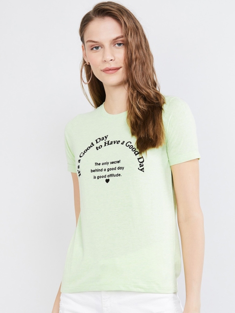 

max Women Green Printed V-Neck T-shirt