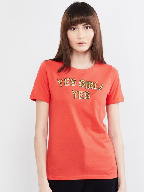 

max Women Red Printed Round Neck T-shirt