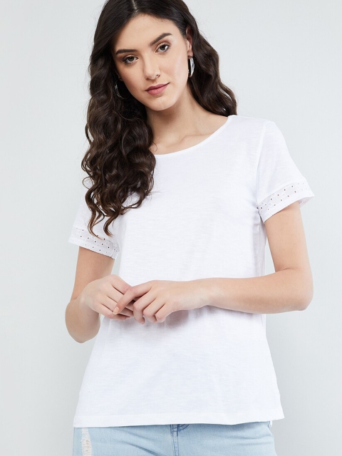 

max Women White Printed Round Neck T-shirt