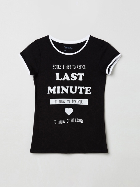 

max Girls Black Printed Round Neck Pure Cotton T-shirt