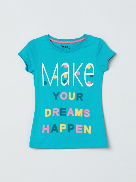 

max Girls Turquoise Blue Printed Round Neck T-shirt