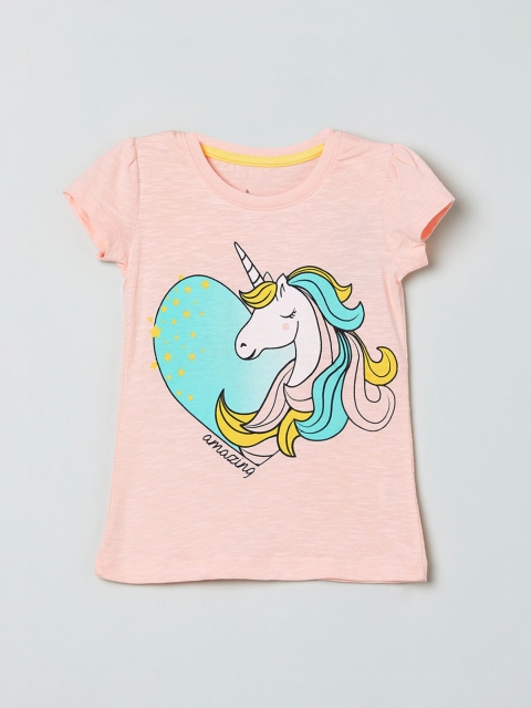 

max Girls Peach-Coloured Unicorn Printed Round Neck T-shirt