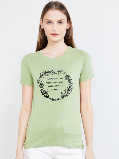 max Women Green Printed Round Neck T-shirt
