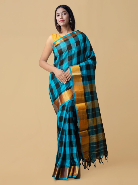 

Unnati Silks Blue & Black Pure Cotton Checked Narayan Peth Saree
