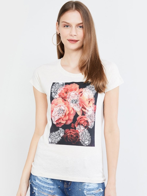 

max Women Grey Printed Round Neck T-shirt