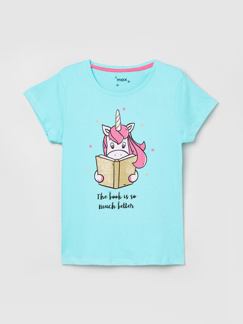 

max Girls Blue Printed Round Neck T-shirt