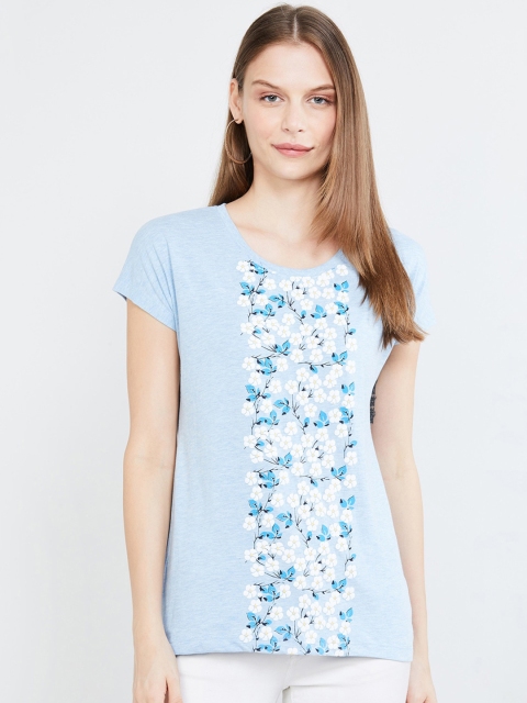 

max Women Blue Printed Round Neck T-shirt