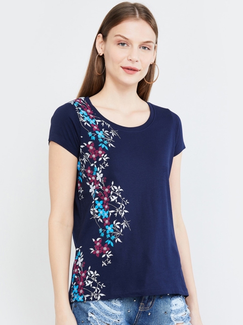 

max Women Navy Blue Printed Round Neck T-shirt
